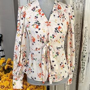 Veronica Beard Silk Dainty  Floral Tie-Front Long Sleeve Blouse
